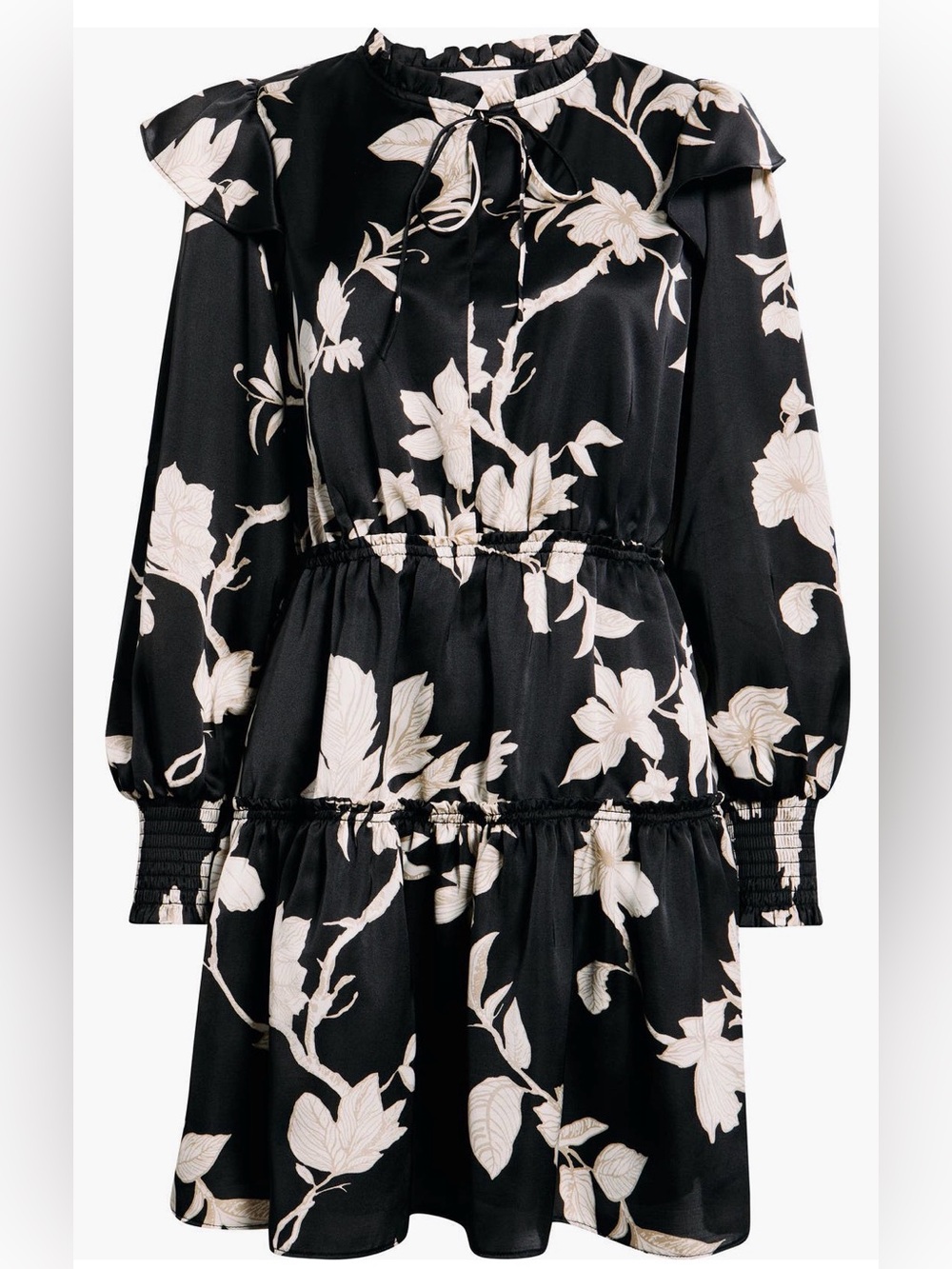 Chelsea28 Black & Ivory Jan Toile Floral Tie-Neck Tiered Midi Dress Size Medium